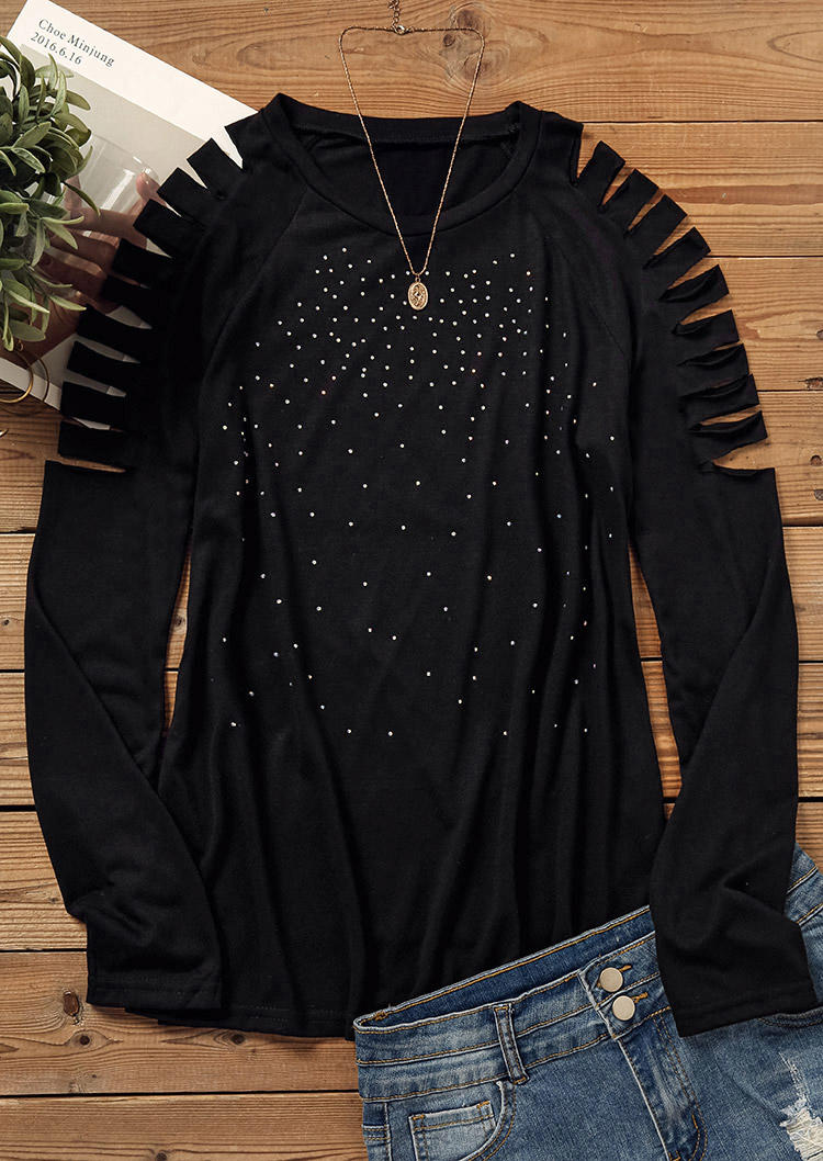 Blouses Hollow Out Rhinestone Long Sleeve O-Neck Blouse in Black. Size: S