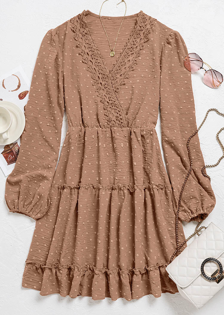 

Mini Dresses Ruffled Dotted Swiss Lace Splicing V-Neck Mini Dress in Khaki. Size