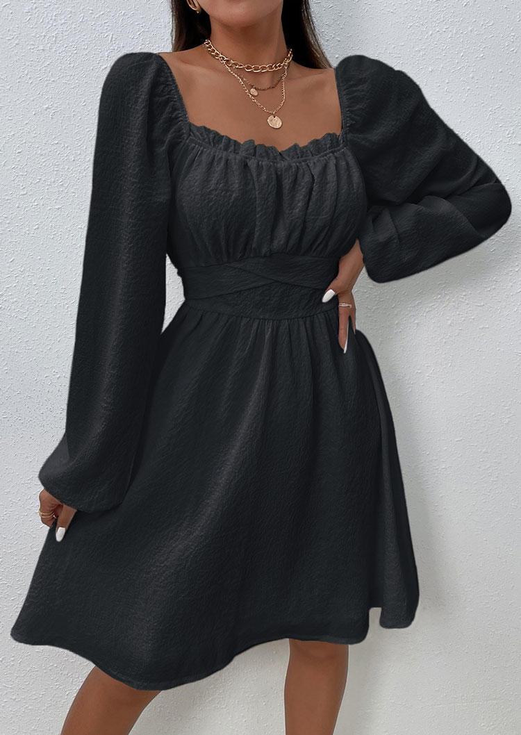 Mini Dresses Ruffled Zipper Long Sleeve Mini Dress in Black. Size: L,M