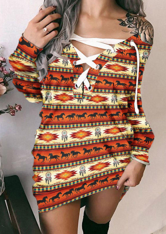

Mini Dresses Aztec Geometric Lace Up Sweatshirt Mini Dress in Multicolor. Size: L,M,,XL