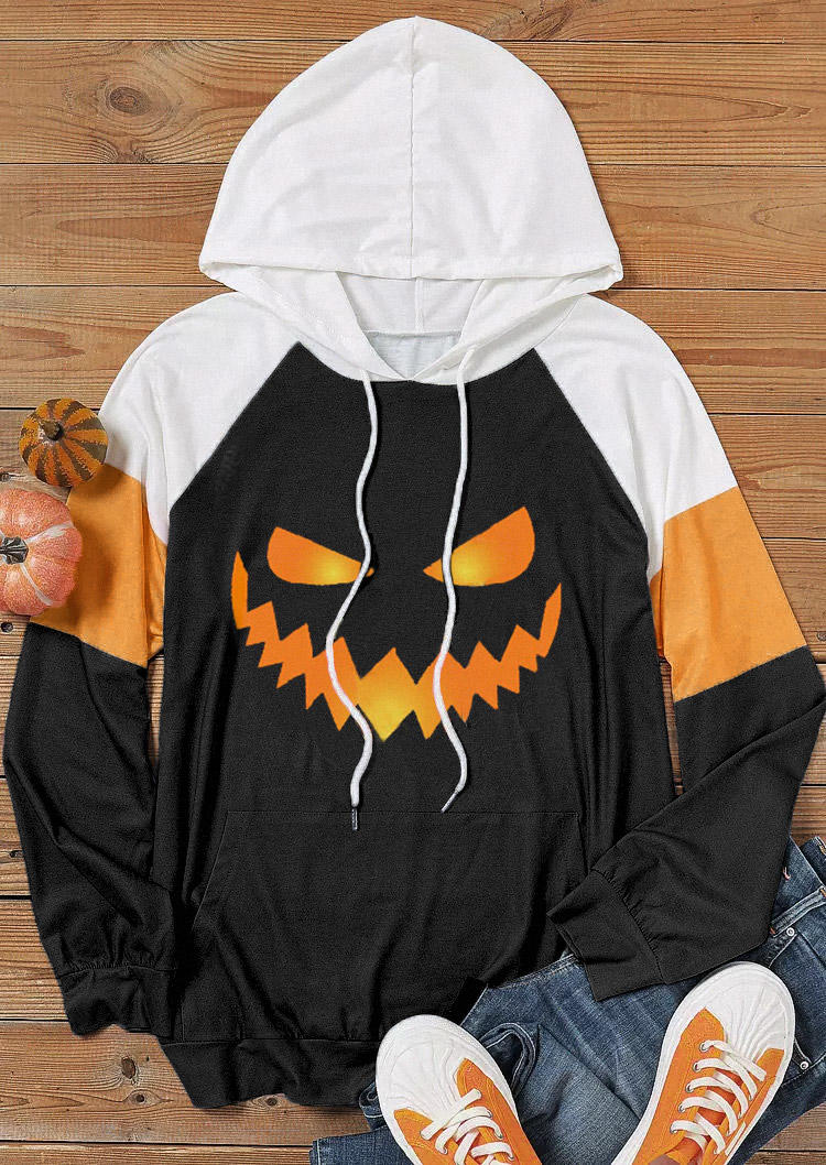 

Hoodies Pumpkin Color Block Kangaroo Pocket Hoodie in Black. Size
