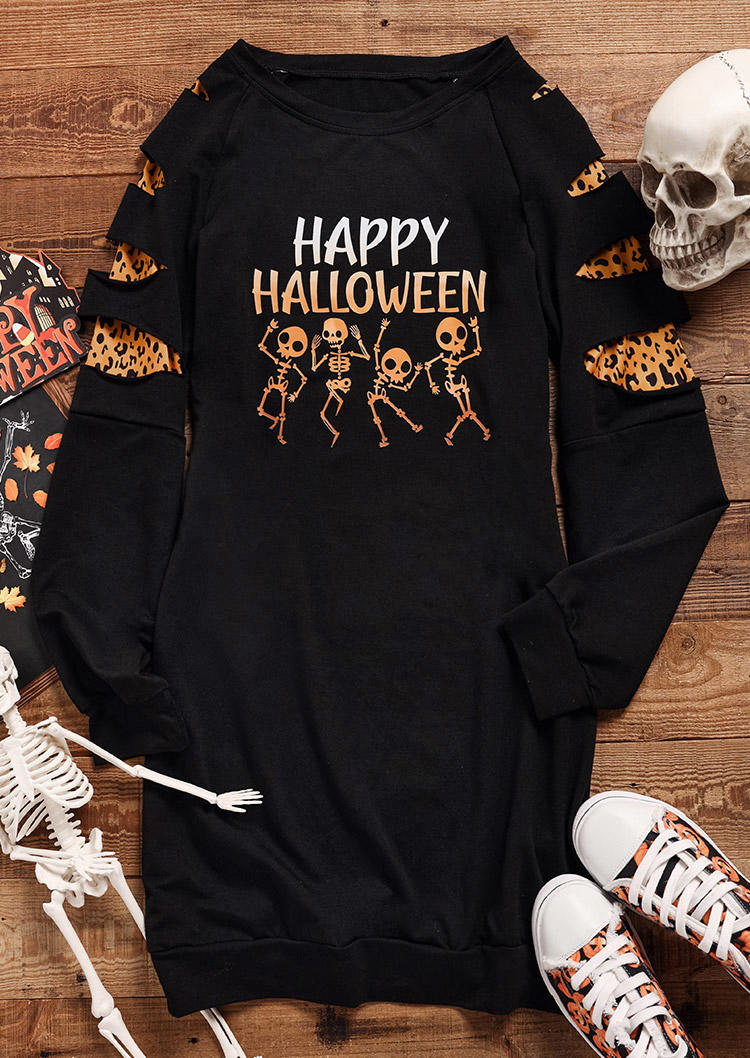 Mini Dresses Happy Halloween Skeleton Leopard Gradient Sweatshirt Mini Dress in Black. Size: L,M,S