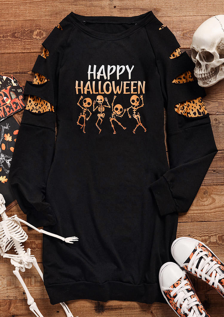 

Sweatshirt Dresses Happy Halloween Skeleton Leopard Gradient Sweatshirt Dress in Black. Size: L