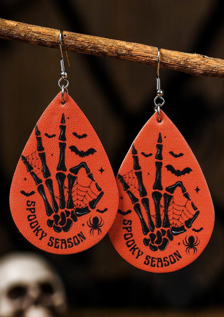 Earrings Halloween Spooky Season Skeleton Hand PU Leather Earrings in Orange. Size: One Size