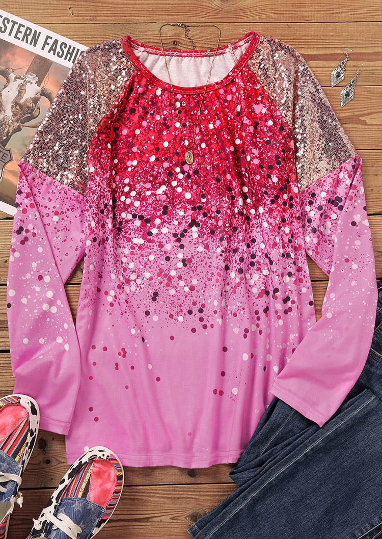 

Blouses Gradient Glitter O-Neck Casual Blouse in Pink. Size