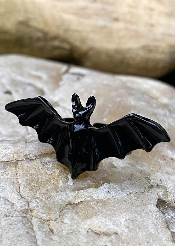 Rings Halloween Bat Open Adjustable Ring in Black. Size: One Size