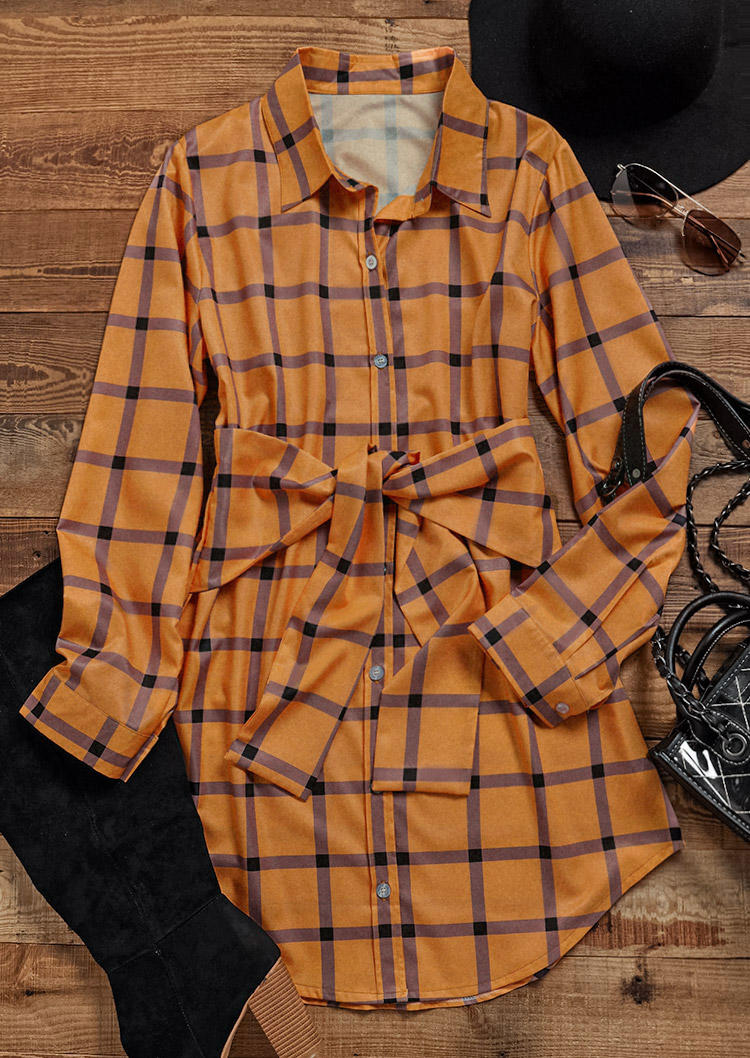 

Mini Dresses Plaid Button Tie Turn-Down Collar Shirt Mini Dress in Orange. Size: ,XL
