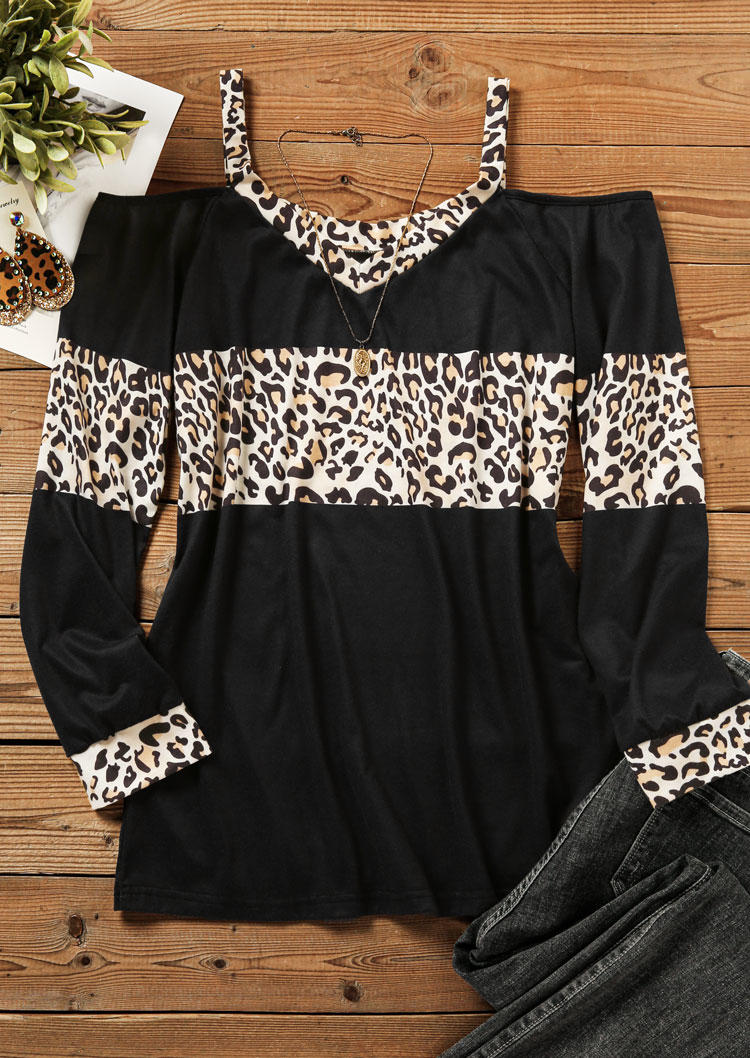 

Blouses Leopard Splicing Cold Shoulder Long Sleeve Blouse in Black. Size: L