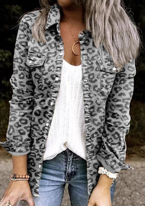 Leopard Pocket Button Long Sleeve Jacket - Gray
