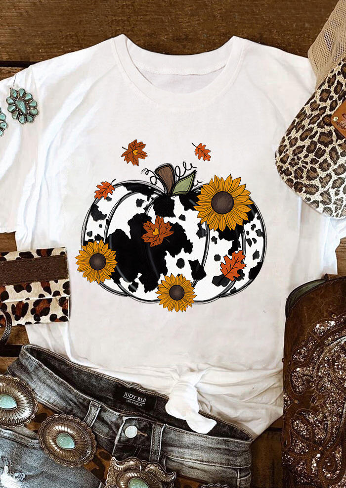 

T-shirts Tees Cow Pumpkin Sunflower Maple Leaf T-Shirt Tee in White. Size: L,M