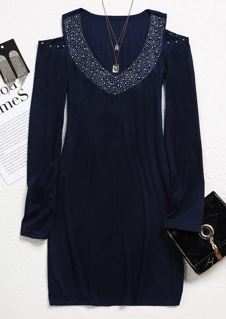 

Bodycon Dresses Rhinestone Cold Shoulder V-Neck Bodycon Dress in Blue. Size