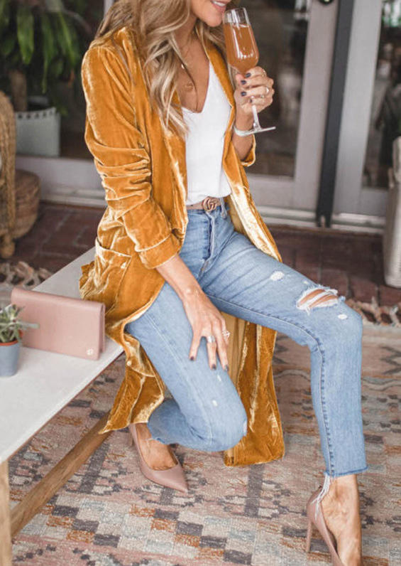 

Coats Pocket Open Front Long Sleeve Cardigan Coat in Yellow. Size