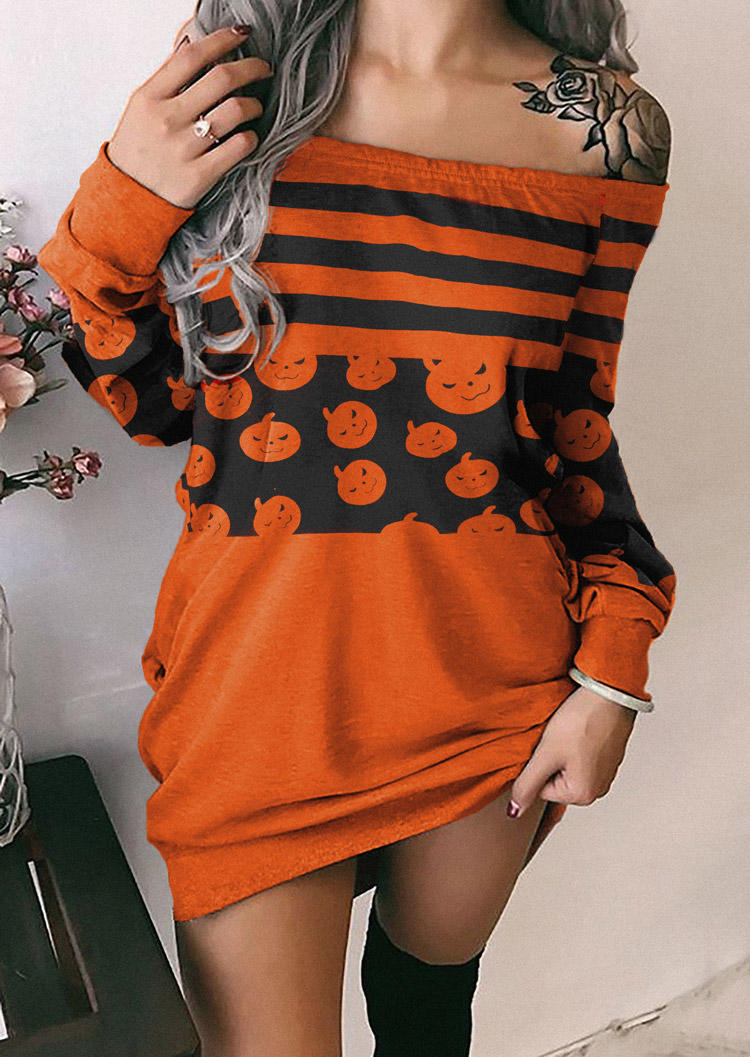 Halloween Pumpkin Face Striped Sweatshirt Mini Dress