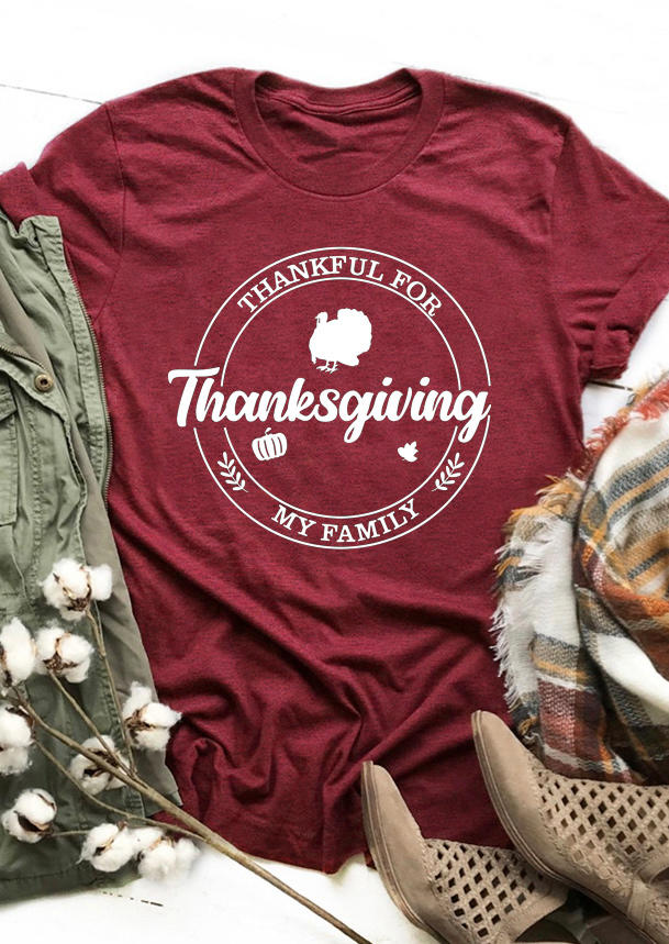 T-shirts Tees Thanksgiving Thankful For My Family T-Shirt Tee in Red. Size: L,M,S,XL