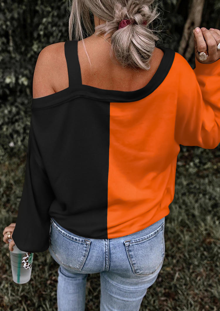 Blouses Halloween Color Block Pumpkin Face One Sided Cold Shoulder Blouse in Multicolor. Size: L,M,S