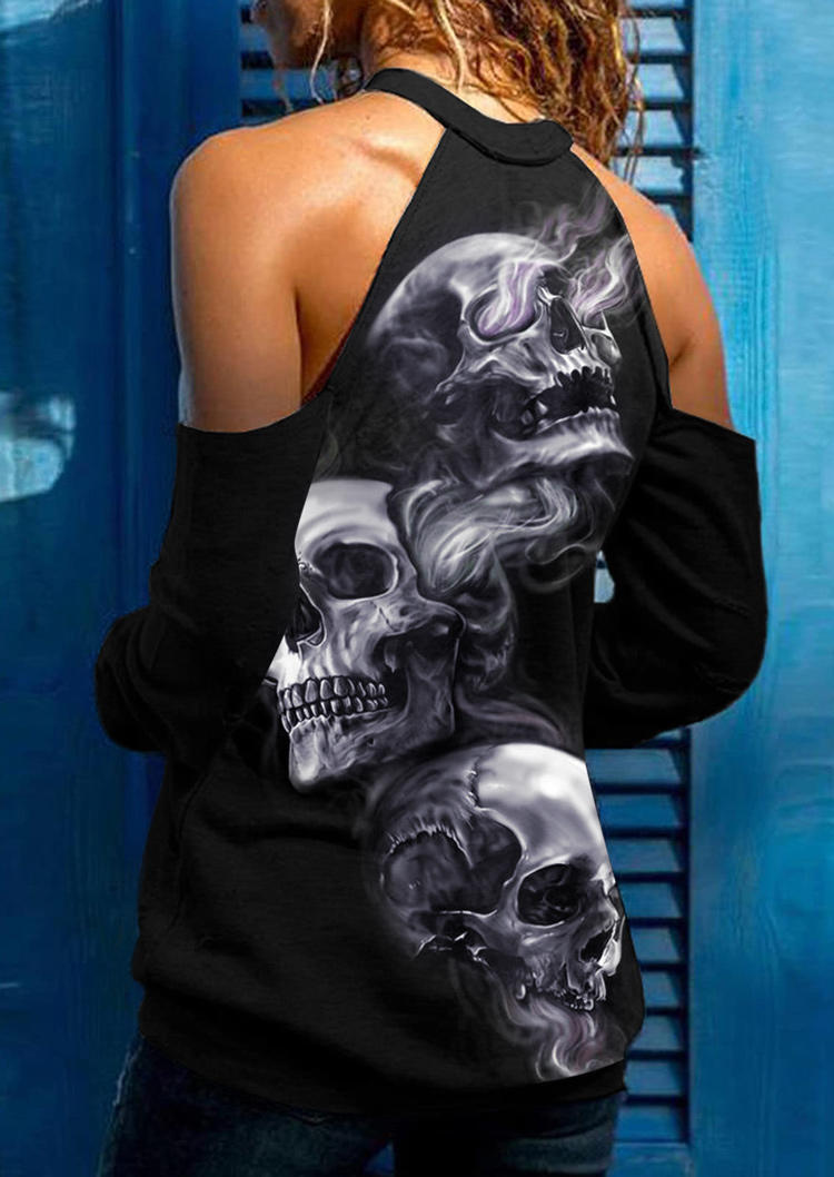 Blouses Halloween Skull Long Sleeve Cold Shoulder Blouse in Black. Size: M,S,XL