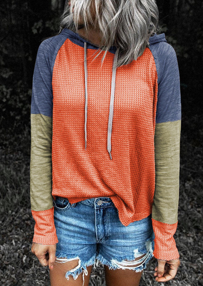 Hoodies Color Block Raglan Sleeve Drawstring Hoodie in Orange. Size: M,S