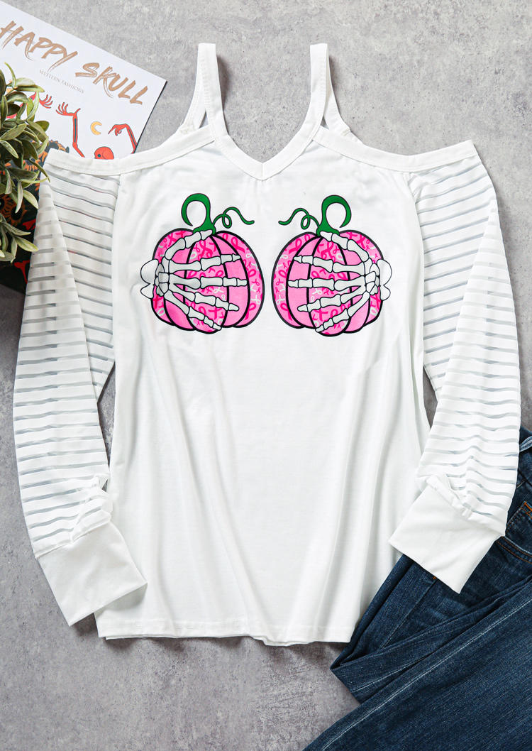 

Blouses Striped Pumpkin Skeleton Hand V-Neck Blouse in White. Size: L,M