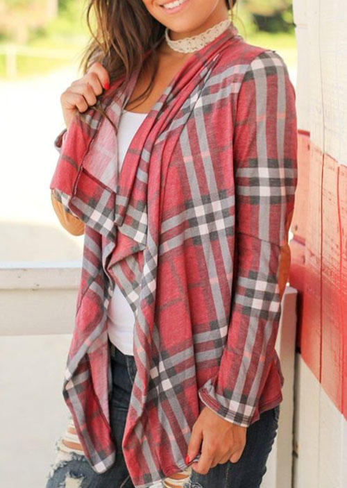 Cardigans Plaid Open Front Long Sleeve Cardigan in Red. Size: L,M,S,XL