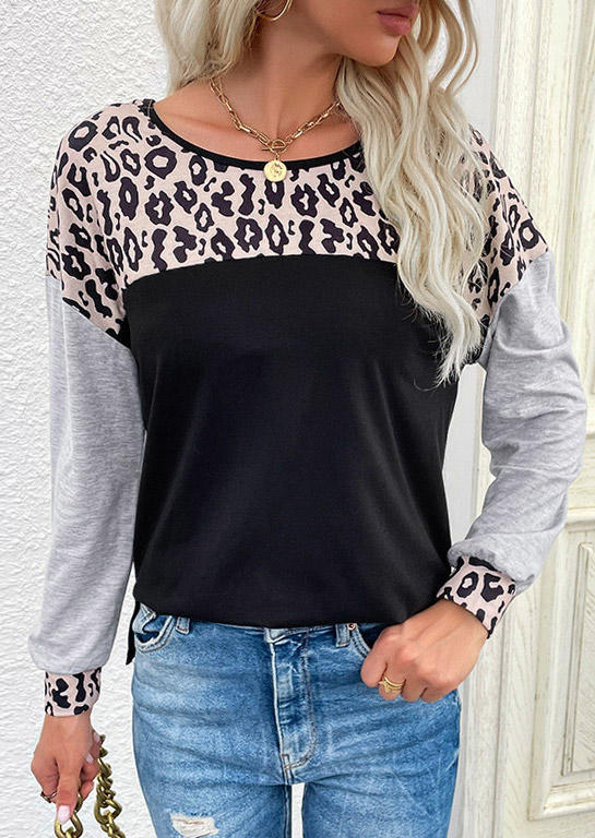 

Blouses Leopard Color Block Long Sleeve Blouse in Black. Size