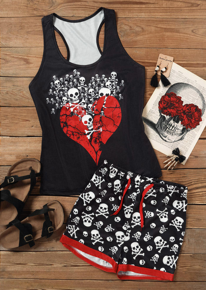 

Sleepwear Halloween Skull Heart Racerback Tank And Shorts Pajamas Set - Black in Multicolor. Size