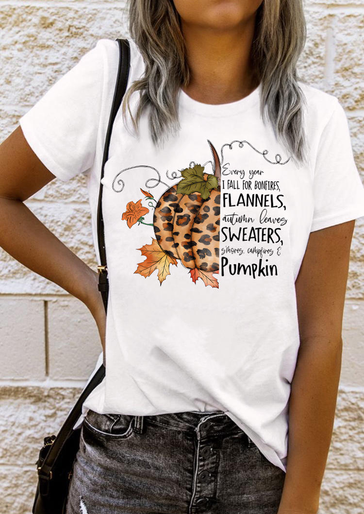 Every Year I Fall For Bonfires Flannels Autumn Leaves Pumpkin T-Shirt Tee - White