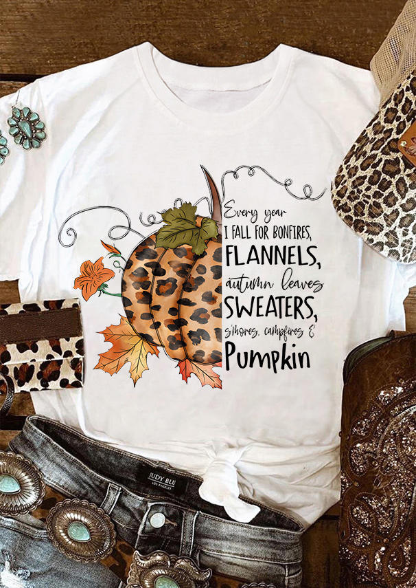 T-shirts Tees Every Year I Fall For Bonfires Flannels Autumn Leaves Pumpkin T-Shirt Tee in White. Size: L,M,S,XL