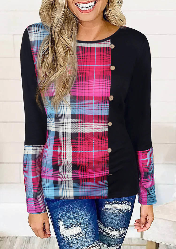 Blouses Plaid Button Long Sleeve O-Neck Blouse in Multicolor. Size: M,S