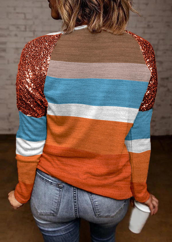 Color Block Sequined Long Sleeve Blouse