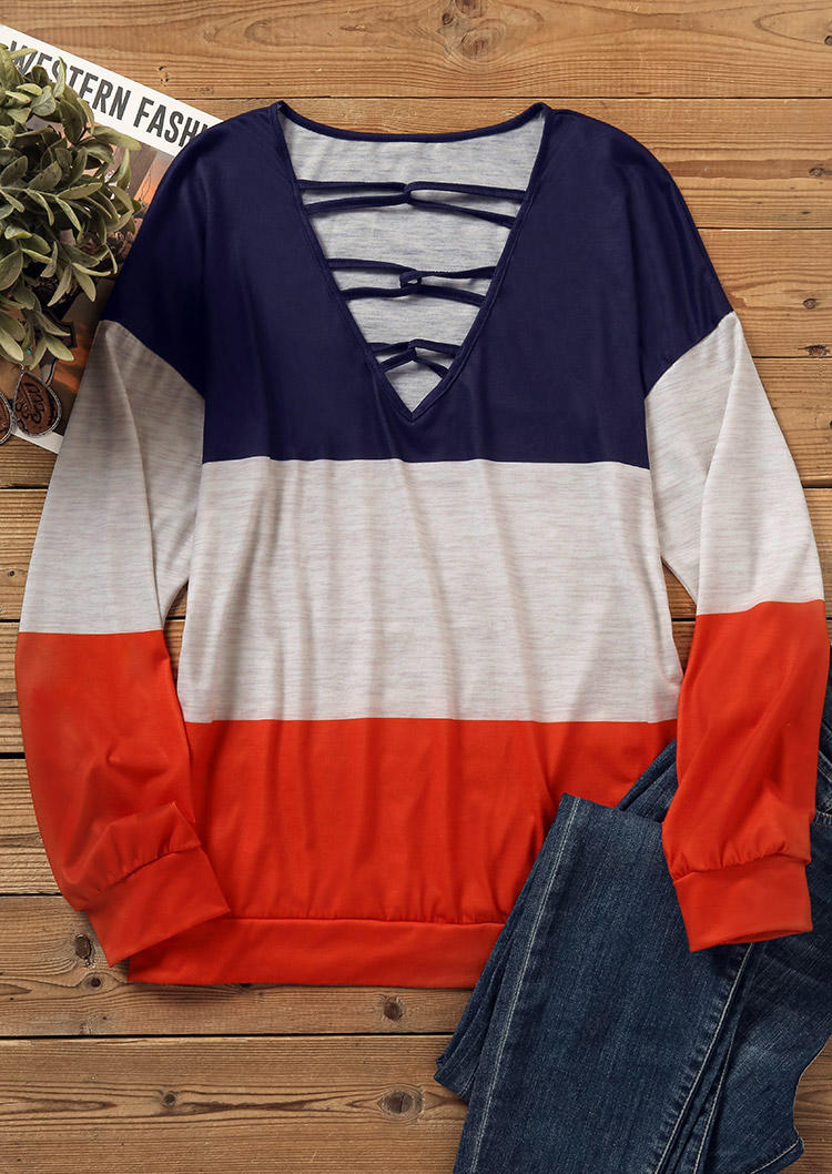 Color Block Criss-Cross Hollow Out Long Sleeve Blouse