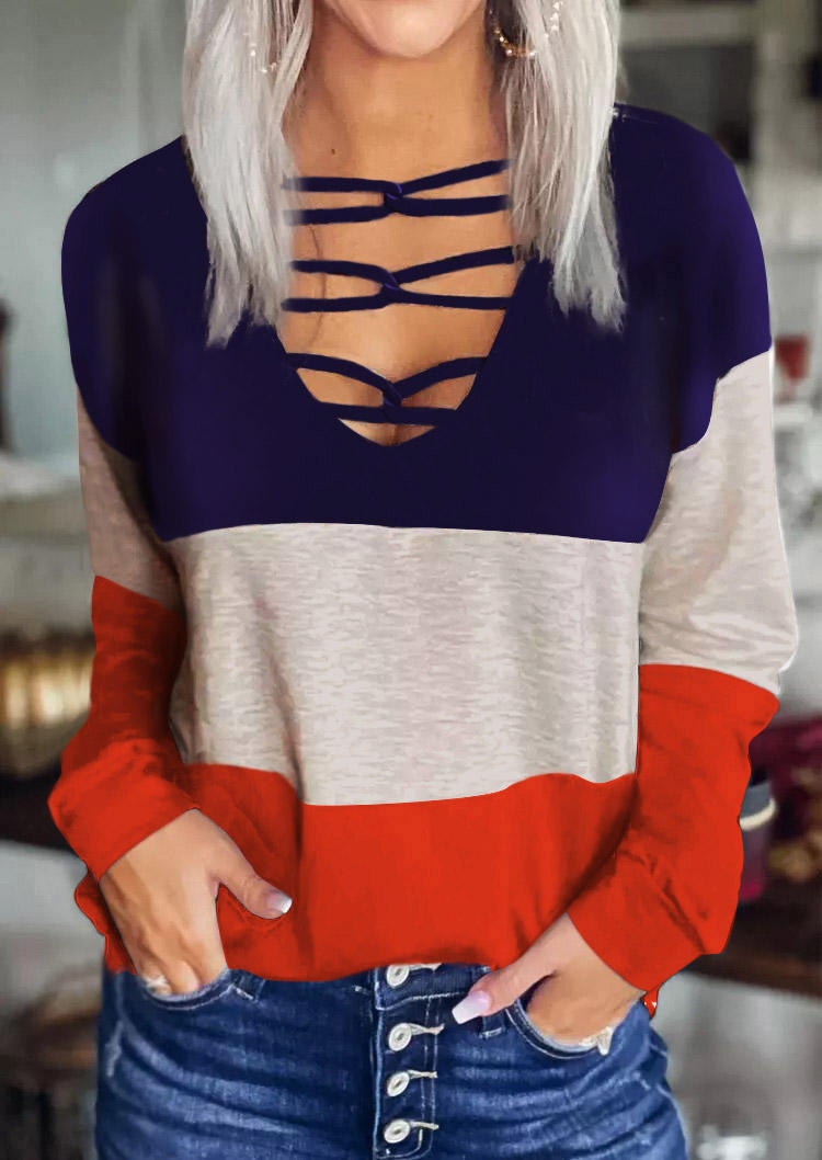 Color Block Criss-Cross Hollow Out Long Sleeve Blouse