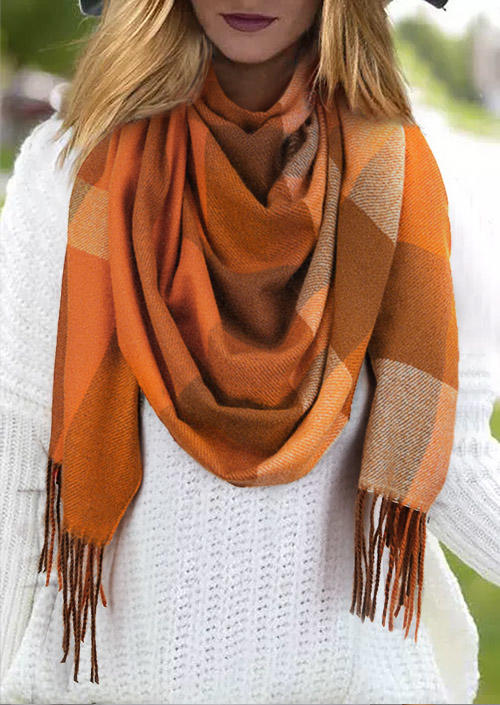 

Scarves Plaid Tassel Warm Long Scarf in Orange. Size