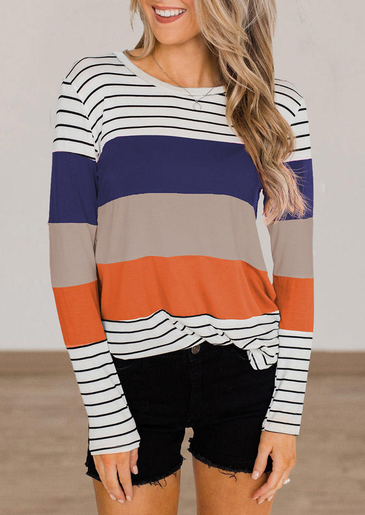 

Blouses Striped Color Block Long Sleeve Blouse in Multicolor. Size: L,,XL