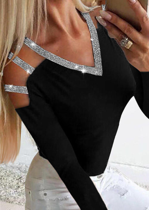 Blouses Glitter Hollow Out V-Neck Blouse in Black. Size: L,M,XL