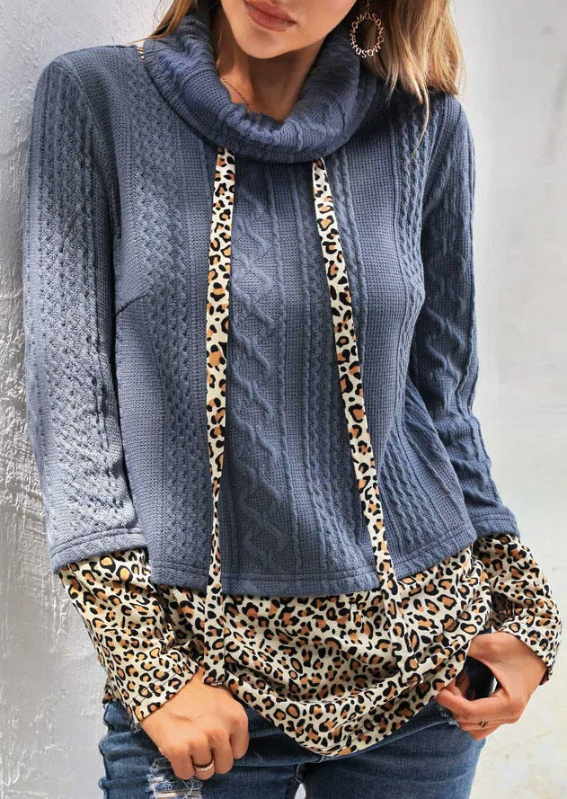Sweatshirts Leopard Splicing Cowl Neck Drawstring Sweatshirt in Blue. Size: L,M,S,XL