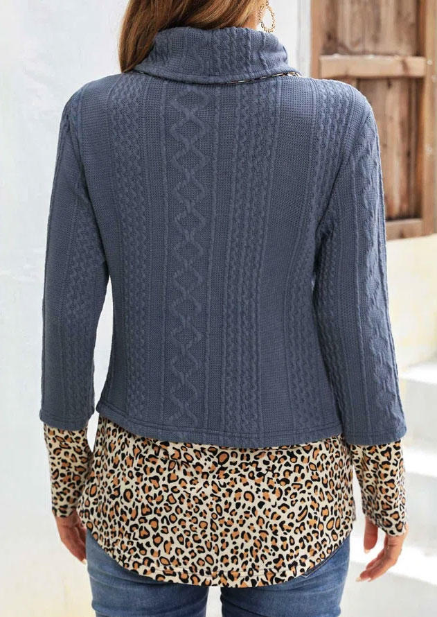 Leopard Splicing Cowl Neck Drawstring Sweatshirt - Blue