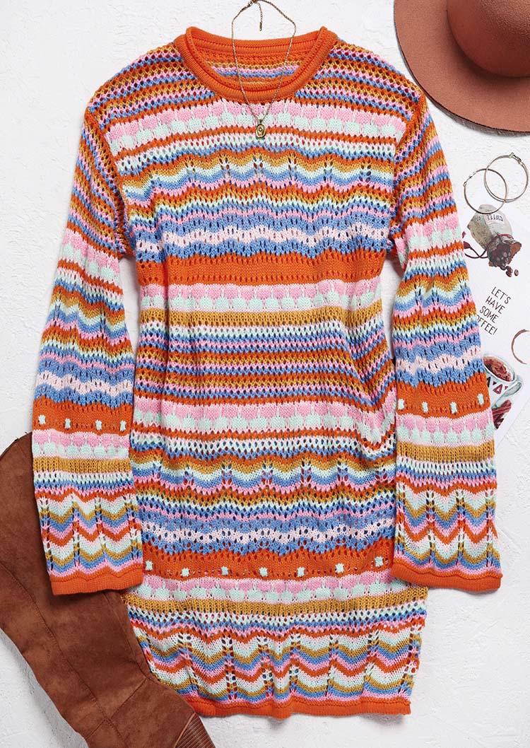 Mini Dresses Striped Hollow Out Knitted Mini Dress in Multicolor. Size: L,M,S,XL