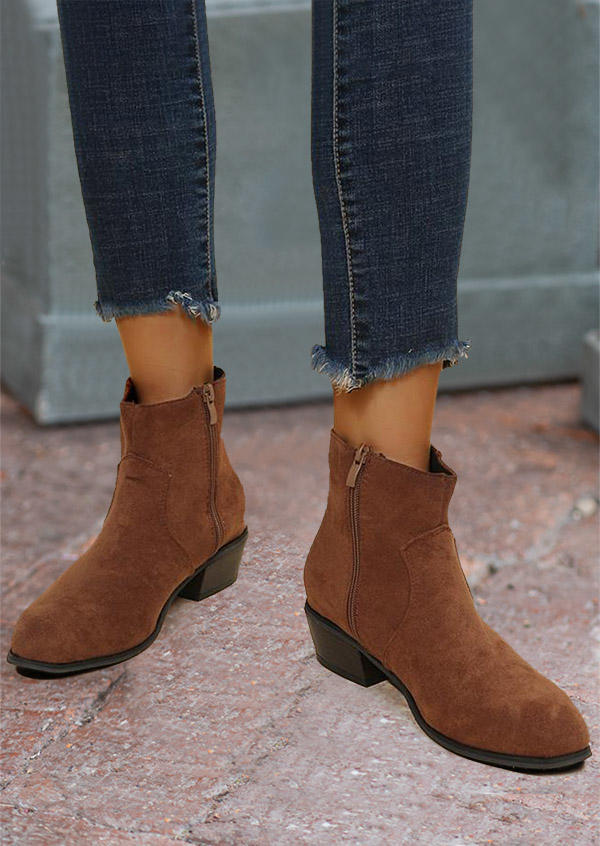 Western Zipper Low-heeled Boots - Brown