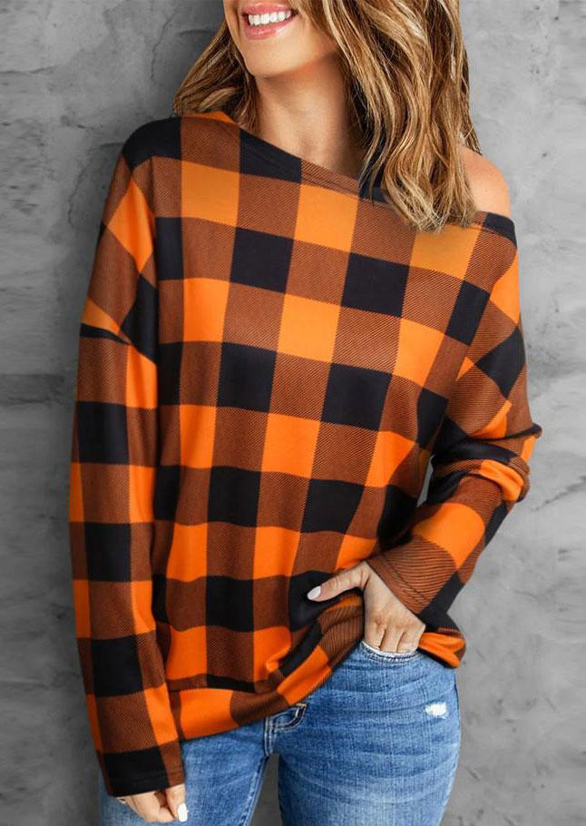 Plaid Long Sleeve O-Neck Blouse - Orange
