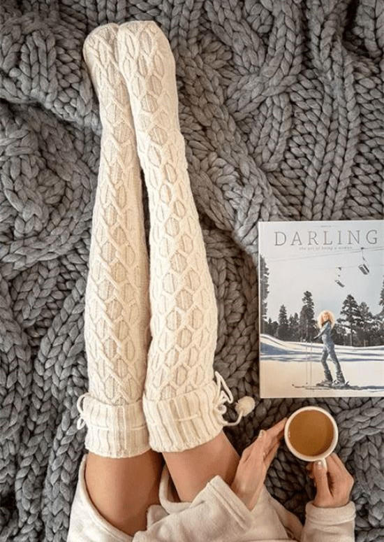 

Knee-High Socks Over Knee Knitting Thickened Hairball Socks in Apricot. Size