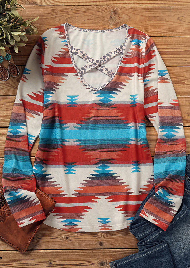 

Blouses Aztec Geometric Leopard Criss-Cross Blouse in Multicolor. Size