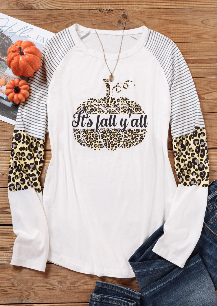 It's Fall Y'all Pumpkin Leopard Striped T-Shirt Tee