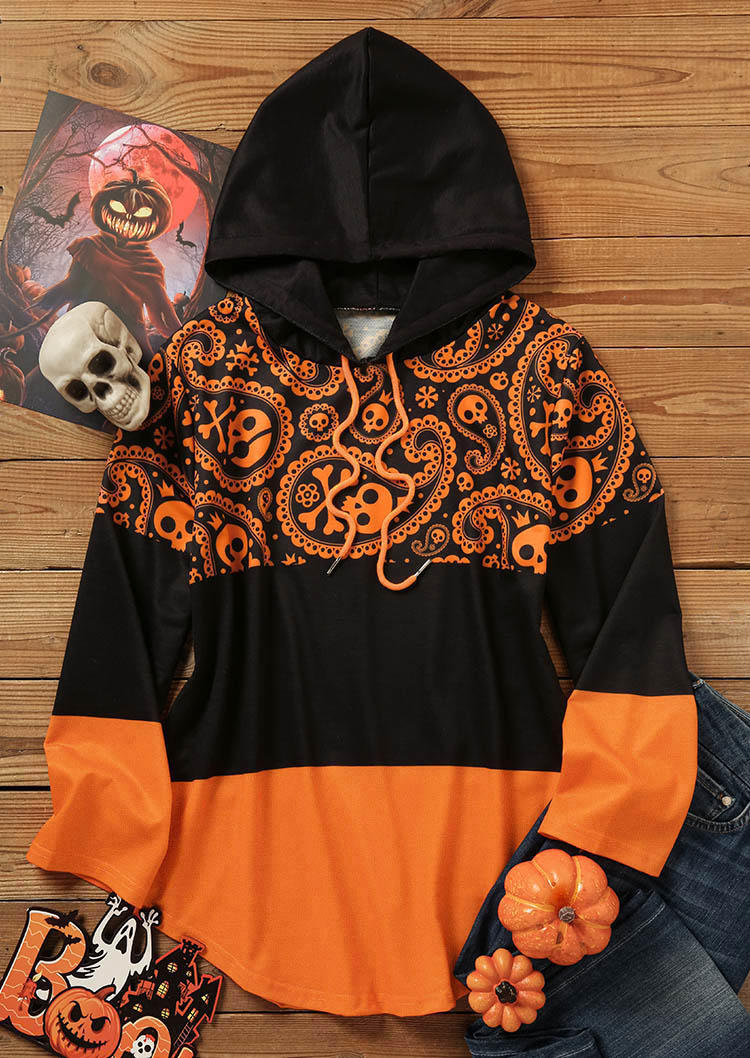 Hoodies Halloween Paisley Color Block Skull Hoodie in Orange. Size: XL