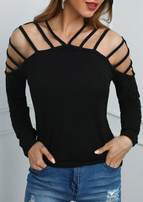 Blouses Hollow Out Long Sleeve Casual Blouse in Black. Size: L,M,S,XL