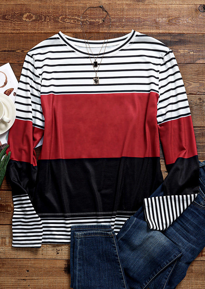 Blouses Color Block Striped O-Neck Blouse in Multicolor. Size: M,S