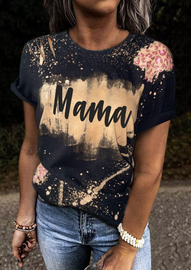 T-shirts Tees Mama Leopard Hollow Out Bleached T-Shirt Tee in Multicolor. Size: L