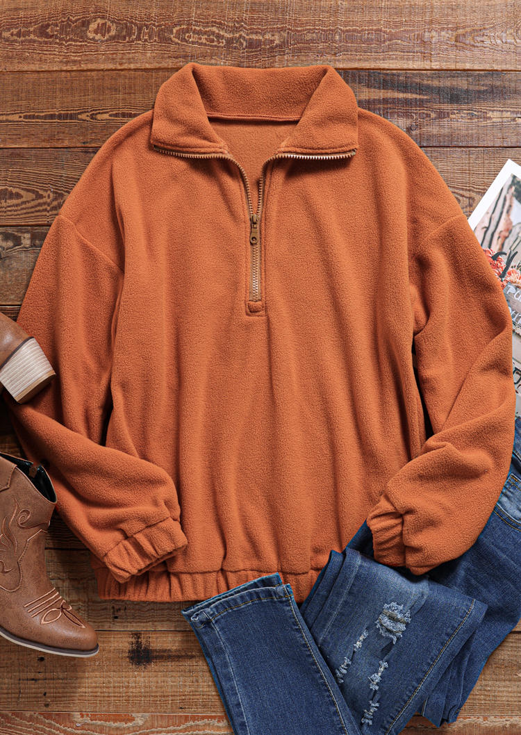

Sweatshirts Zipper Collar Long Sleeve Fleece Sweatshirt in Orange. Size
