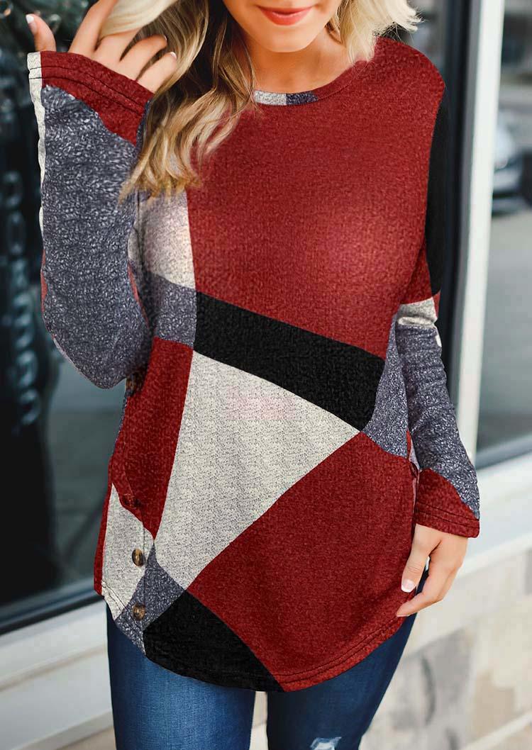 Blouses Color Block Geometric Button Long Sleeve Blouse in Red. Size: S
