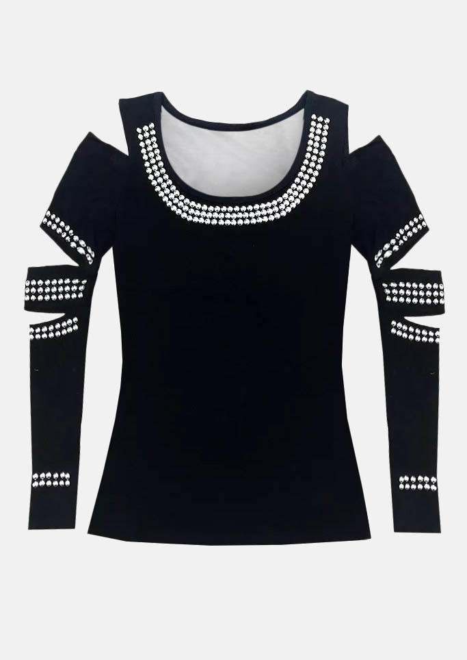 

Blouses Glitter Hollow Out Long Sleeve Blouse in Black. Size