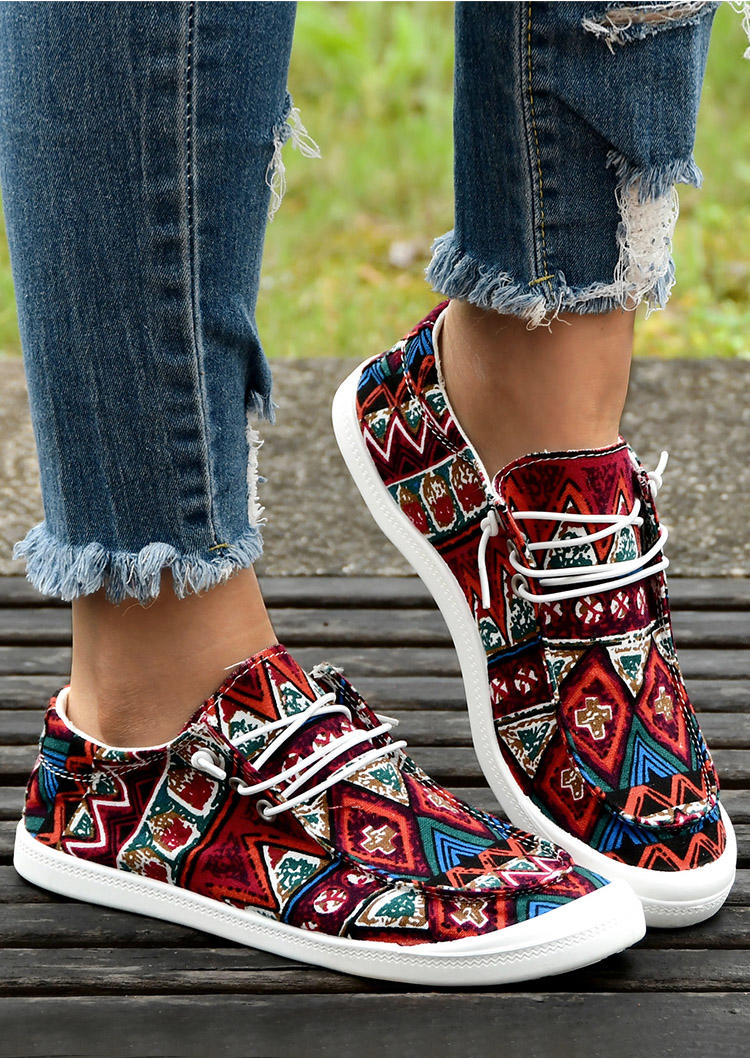 Aztec Geometric Round Toe Flat Sneakers - Red